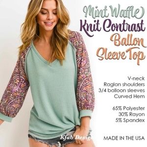Mint Waffle Knit Contrast Ballon Sleeve Top